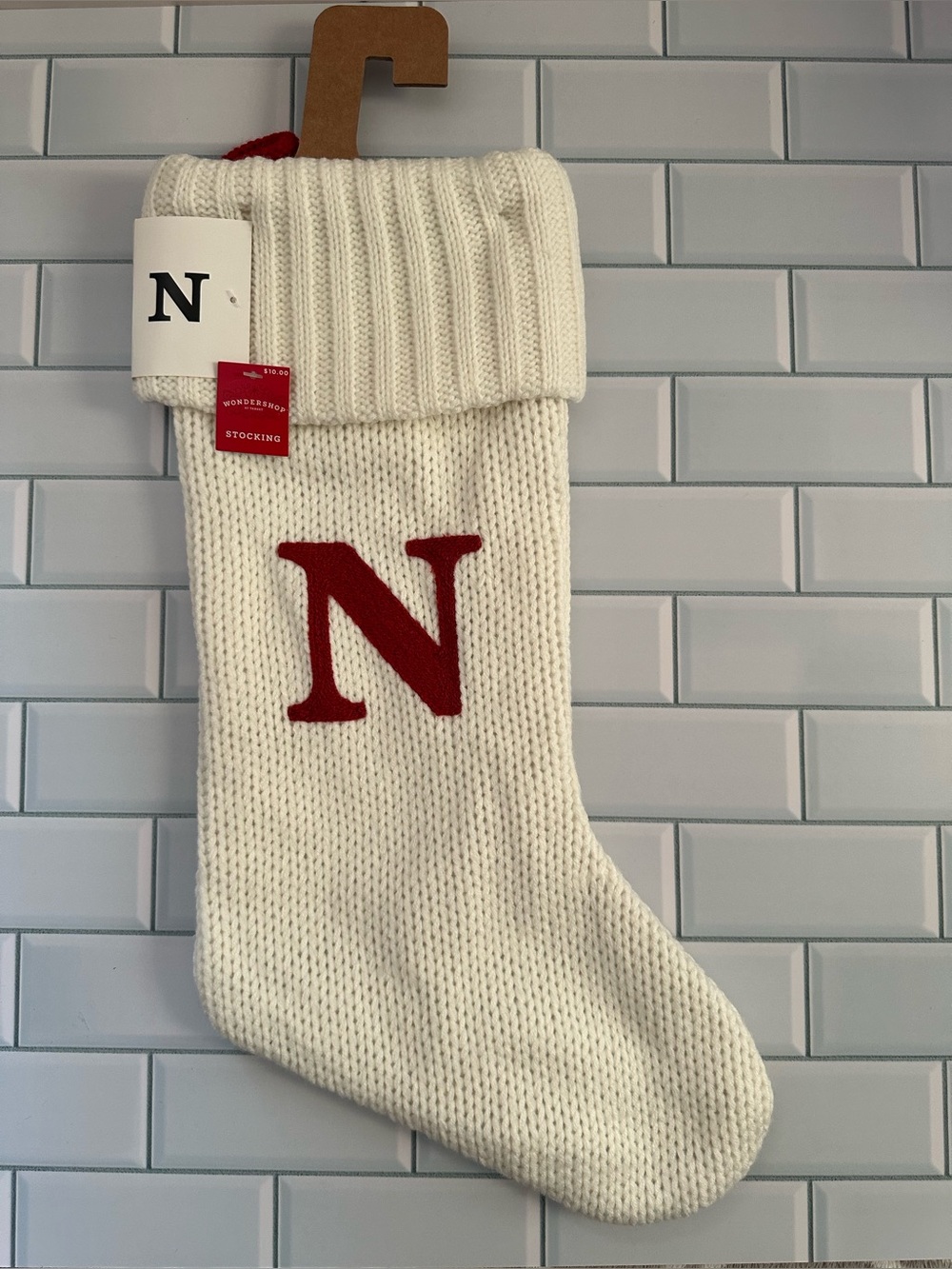 Wondershop White Monogram Knit Stocking with Red N Initial